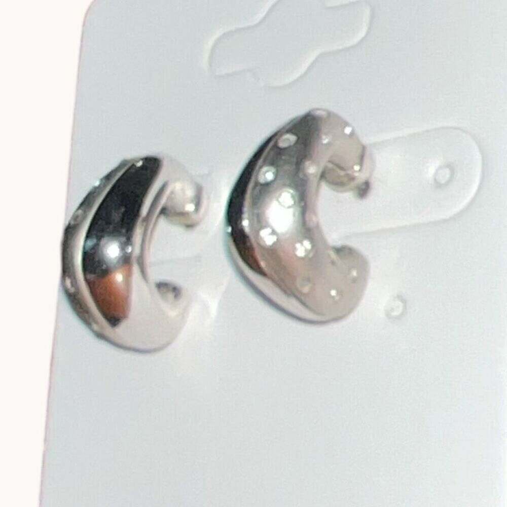 Swarovski Swan Signed Crystal Chunky C Hoop Earrings Silver Tone 1/2”